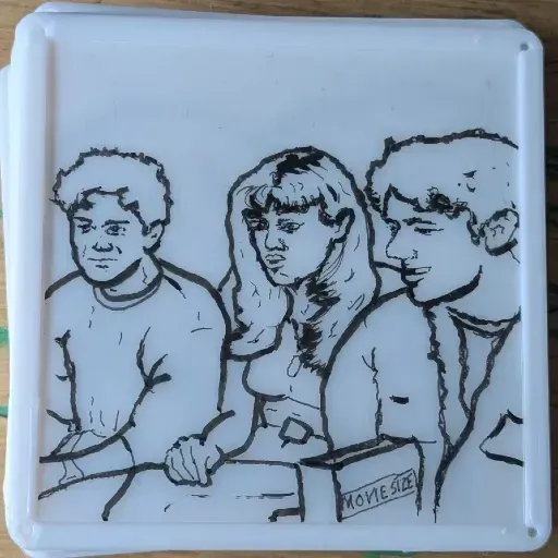 ink drawing of Wyatt, Lisa, and Gary