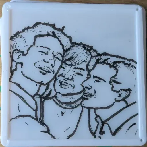 ink drawing of Gary, Lisa, and Wyatt